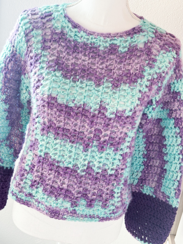 Maglione verticale viola turchese lurex ad uncinetto